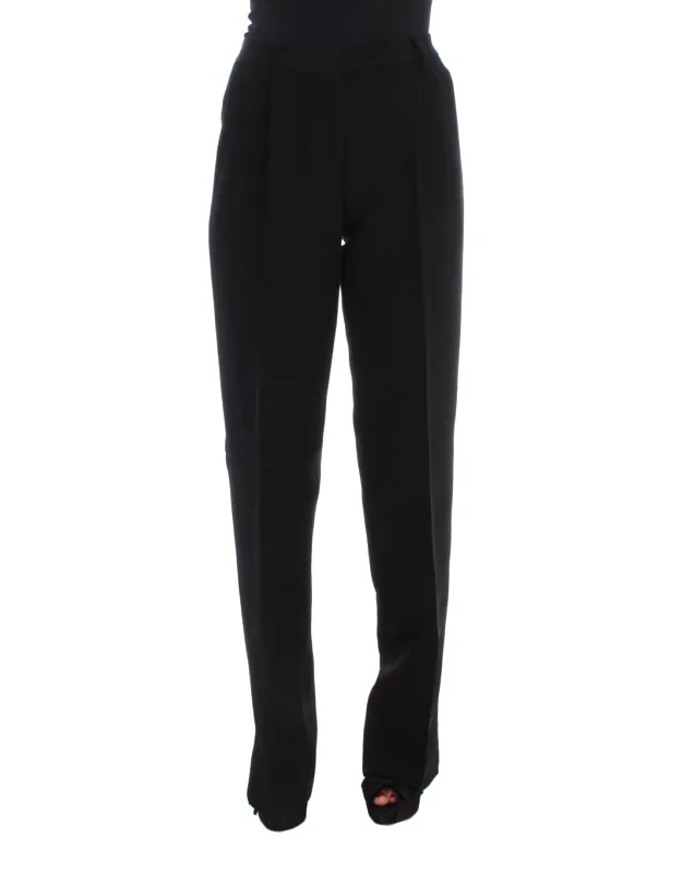 Black Striped Cotton Blend Wide Leg Pants