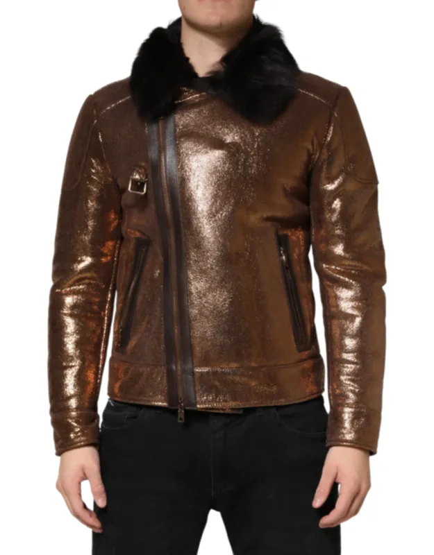 Bronze Leather Fur Full Zip Biker Jacket