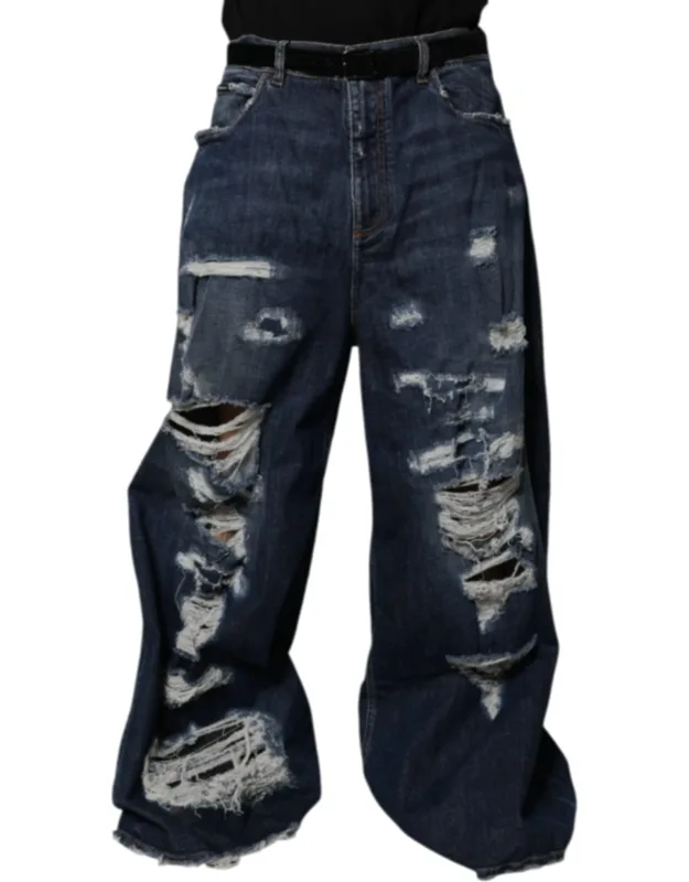 Tattered Wide Leg Denim Jeans