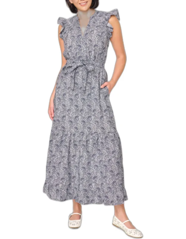 Notch Neck Flutter Sleeve Maxi Dress