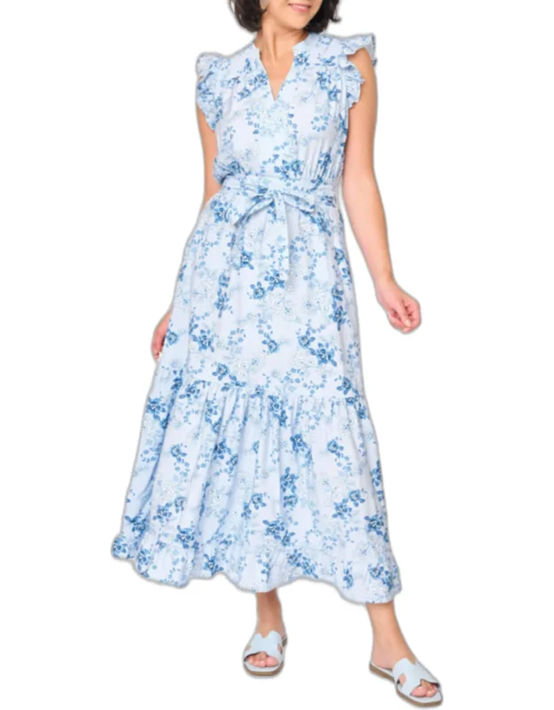 Notch Neck Flutter Sleeve Maxi Dress With Self-tie Sash Waist And Tiered Ruffle Hem