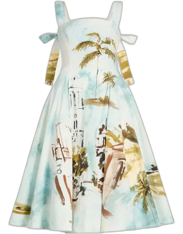 Sleeveless Landscape-print Poplin Midi Dress