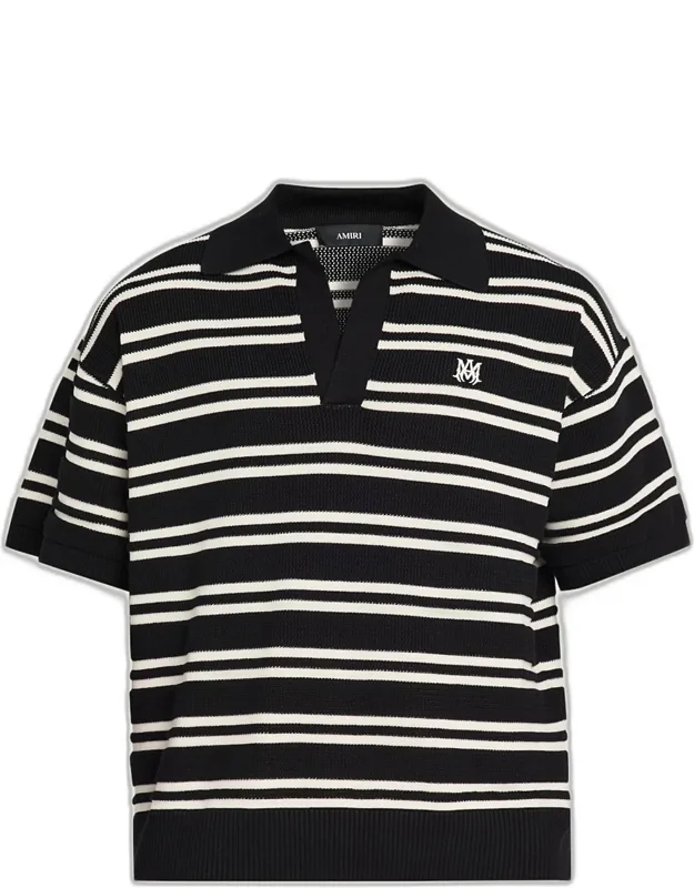 Rib-knit Stripe Johnny Collar Polo Shirt
