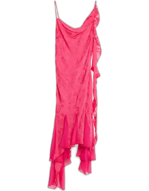Aeris Draped Floral Jacquard Godet Midi Dress