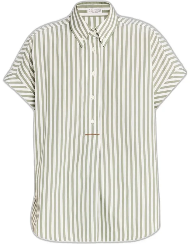 Striped Linen Short-sleeve Collared Shirt