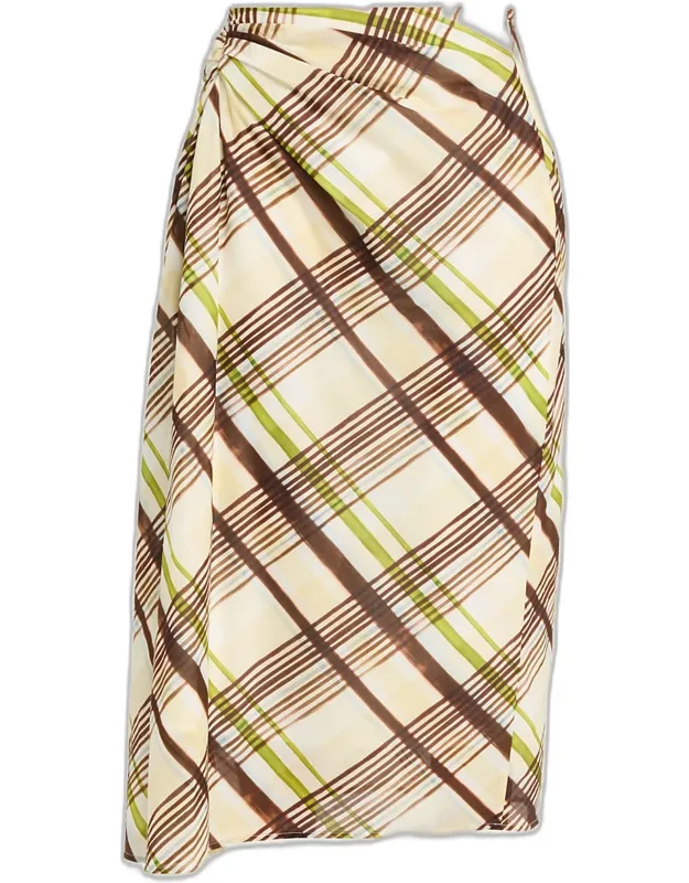 Draped Plaid Midi Skirt