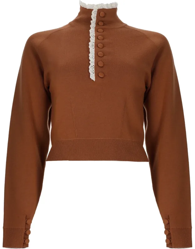 Pullover With High Collar In Wool And Lace