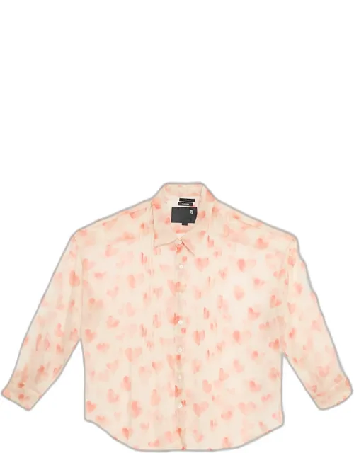 Pintuck Drop-neck Heart-print Silk Shirt