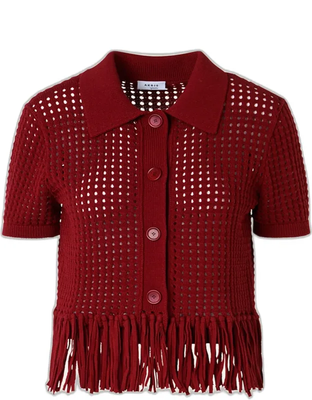 Chunky Cotton Mesh Knit Fringed Collared Cardigan