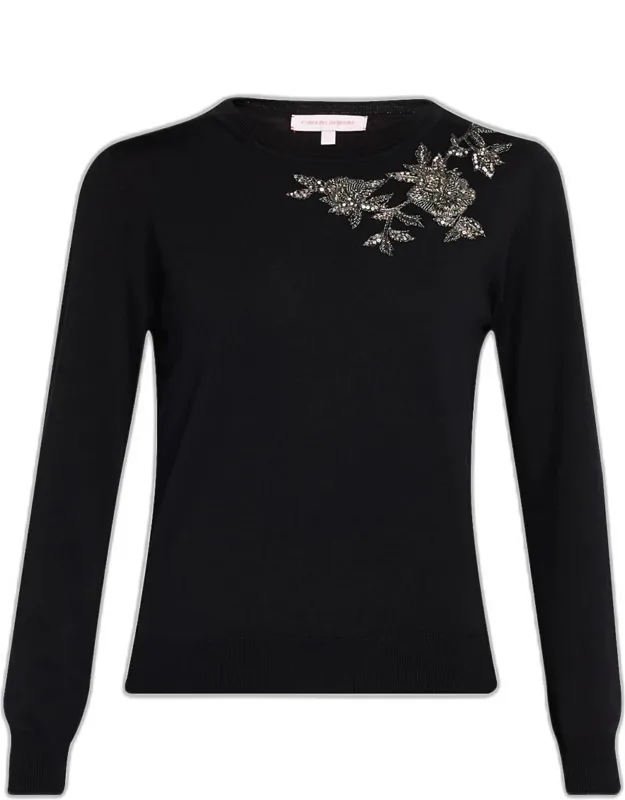 Flower Beaded Silk-cotton Crewneck Sweater
