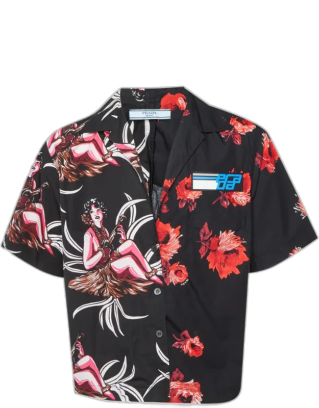 Floral Print Cotton Logo Detail Bowling Shirt