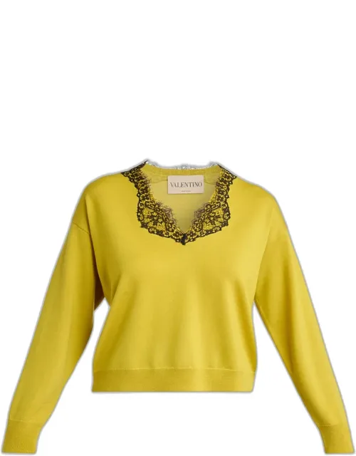 Lace-trim V-neck Cashmere Sweater