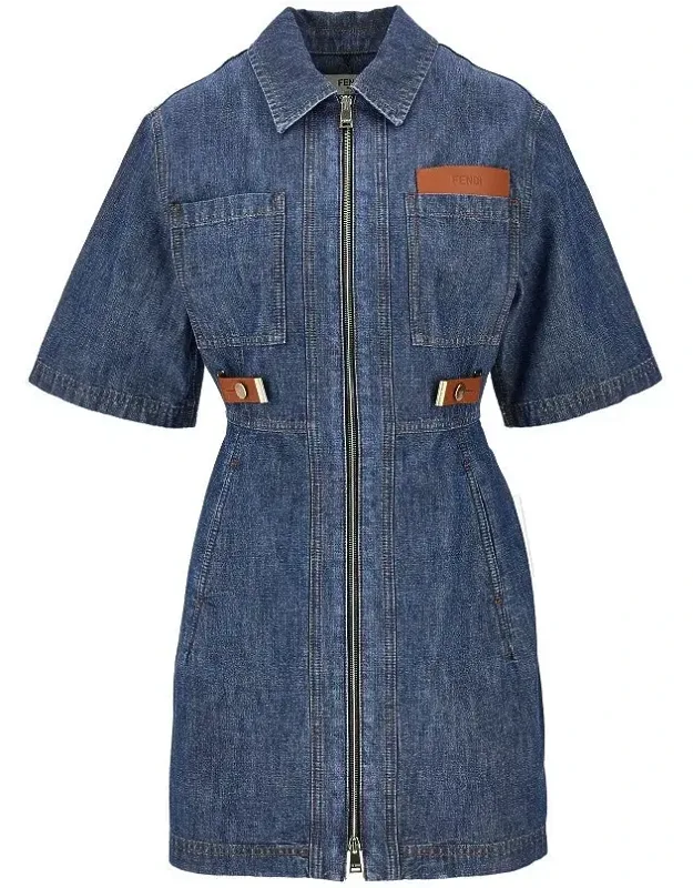 Chambray Mini Dress With Leather Details
