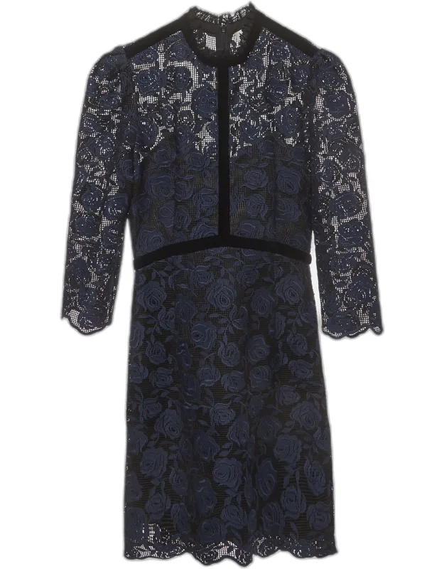 Rose Embroidered Lace Mock Neck Mini Dress