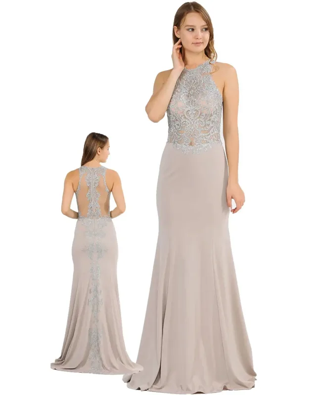 Halter Embroidered Lace Long Evening Dress