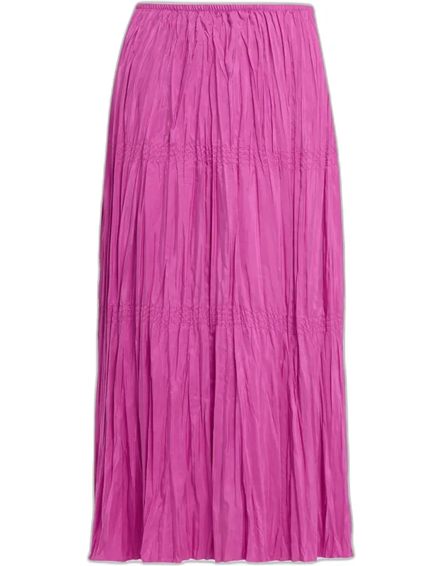 Smocked Crinkled Silk Midi Skirt