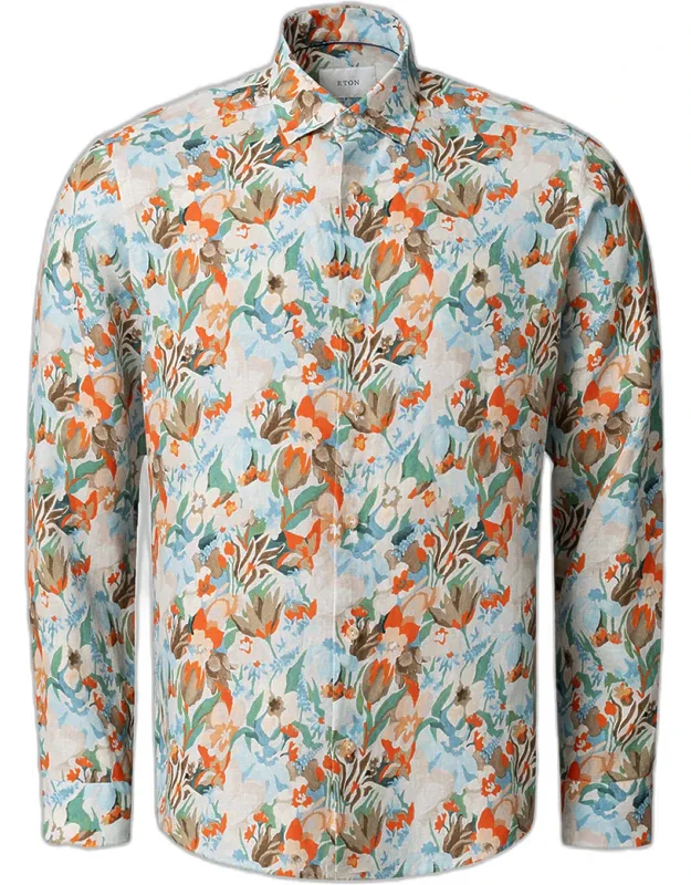 Linen Floral-print Button-down Shirt
