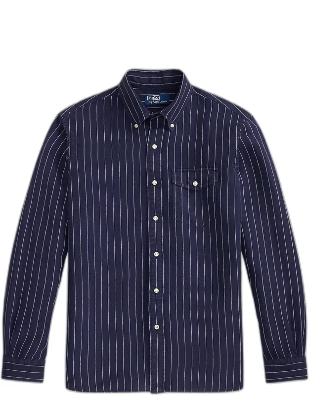 Slub Linen Hairline Stripe Button-down Shirt