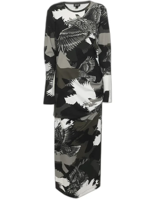 Multicolor Eagle Printed Jersey Ruched Midi Dress