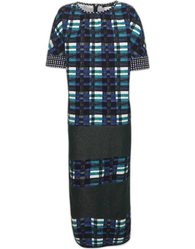 Multicolor Plaid Cotton Blend Geometric Print Shift Dress