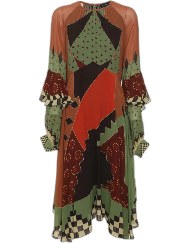Multicolor Geometric Printed Silk Asymmetric Midi Dress