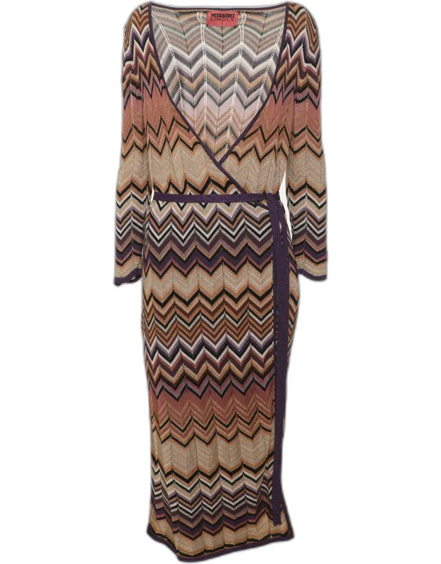 Multicolor Zig Zag Knit Fabric Long Belted Cardigan