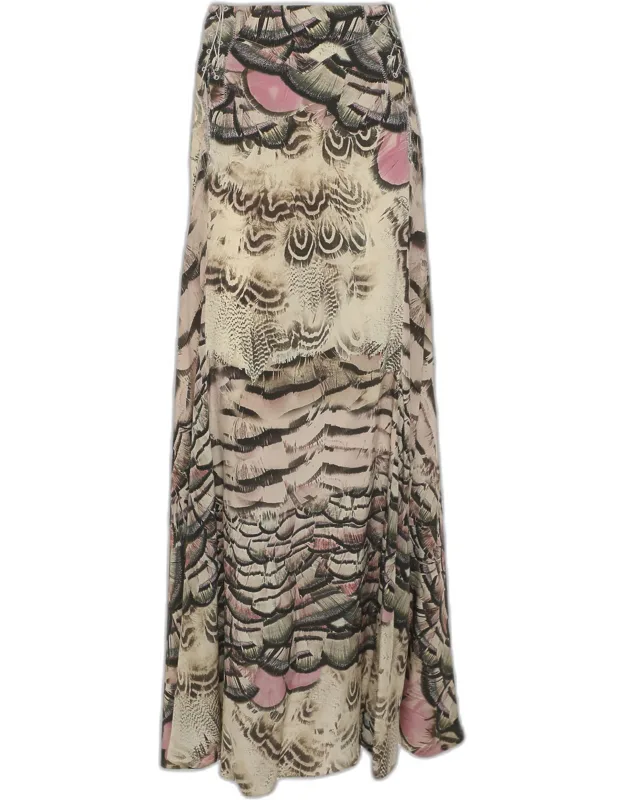 Multicolor Printed Silk Lace Up Details Maxi Skirt
