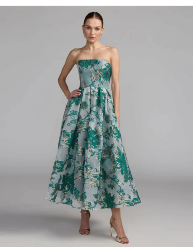 Strapless Brocade Midi Dress With Pockets