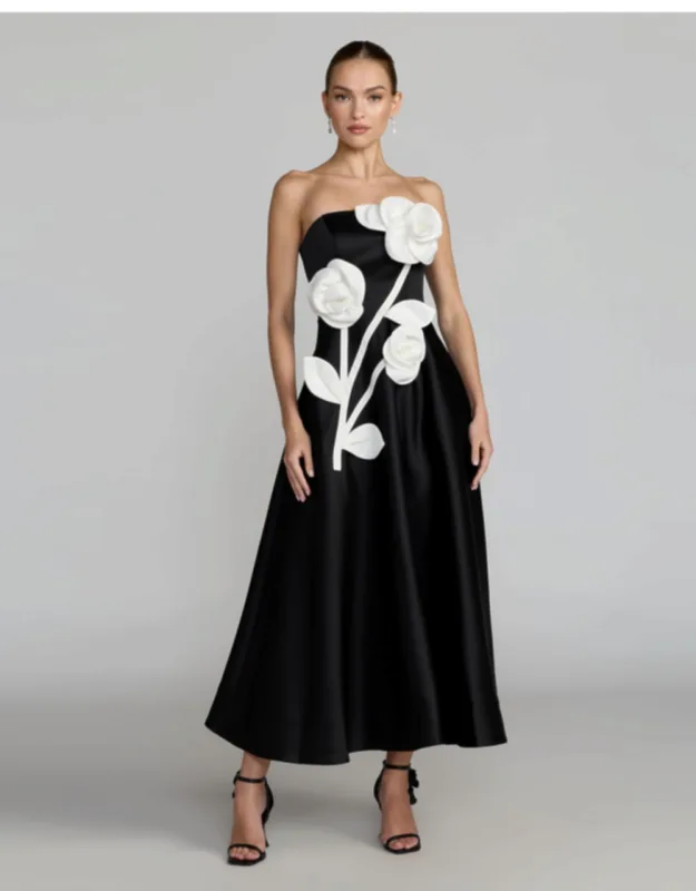 Strapless Satin A-line Dress With 3d Flowers