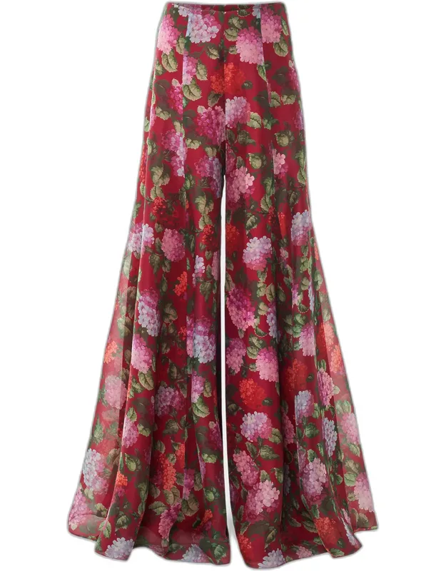 Iris Hydrangea-print Silk Wide-leg Pants