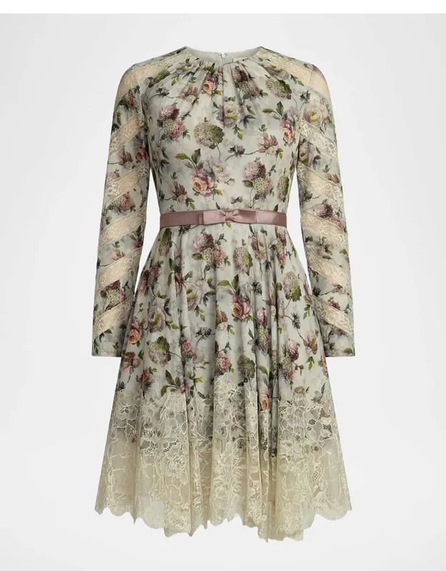 Floral Lace-hem Knee-length Dress