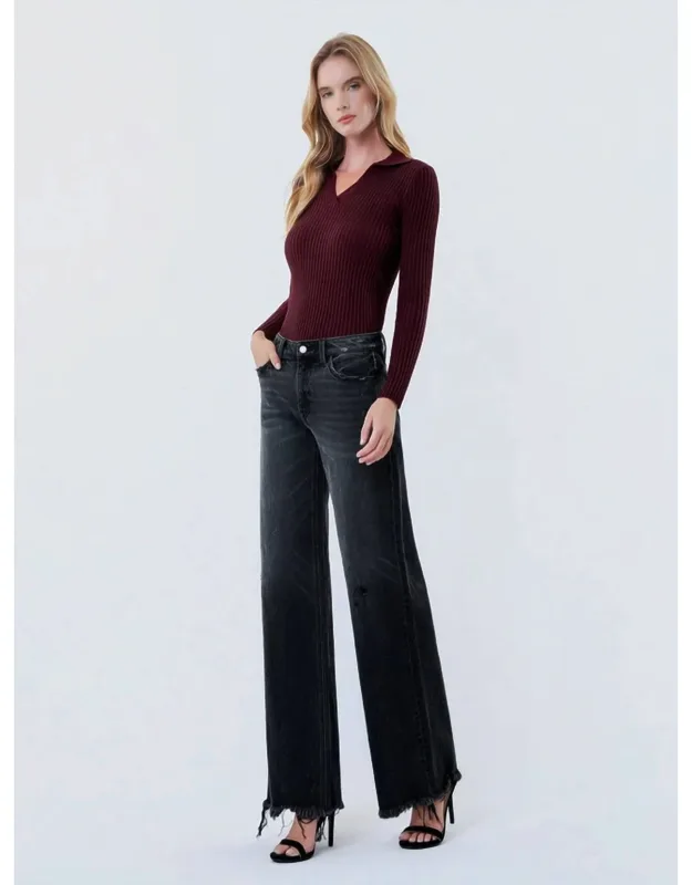 Mid Rise Distressed Hem Wide Leg Jeans