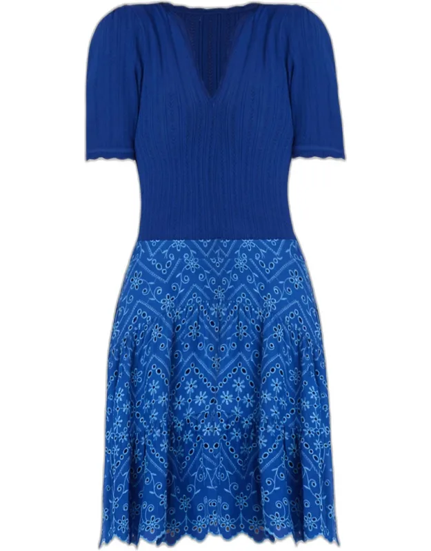 Eyelet-embroidered Mixed Media Mini Dress