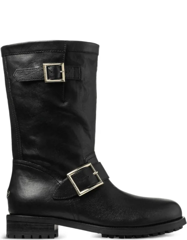 Mid-height Leather Biker Boots With Adjustable Straps