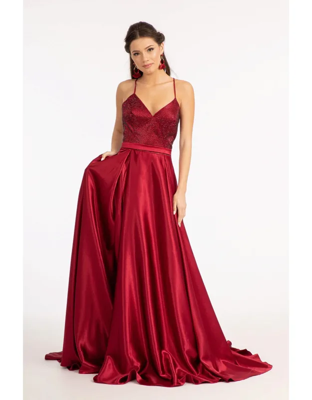 Satin Open Back V-neck Long Formal Prom Dress