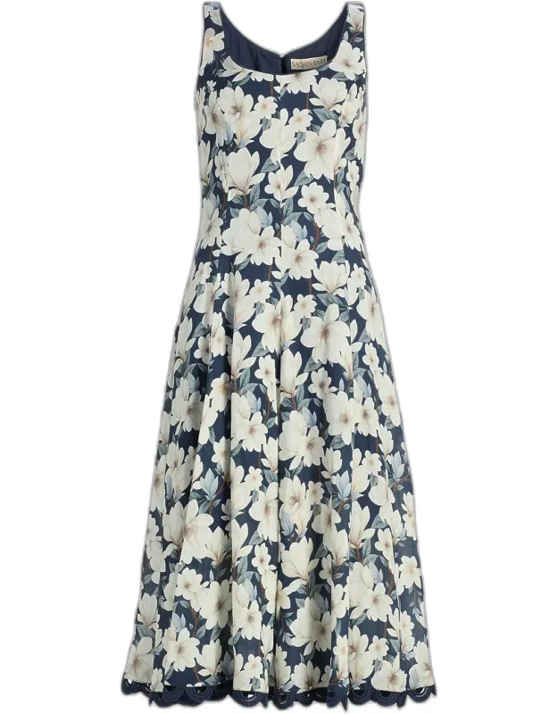 Lace-trim Floral Midi Dress