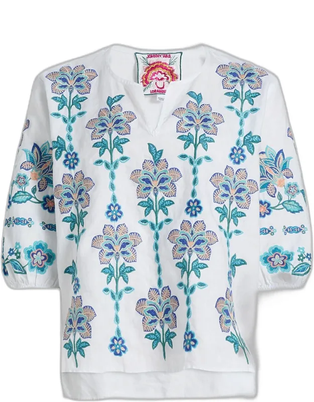 Floral-embroidered Linen Blouse