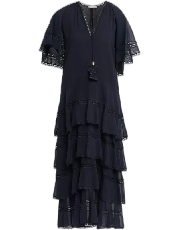 Dreamful Volumes Tiered Lace-trim Midi Dress