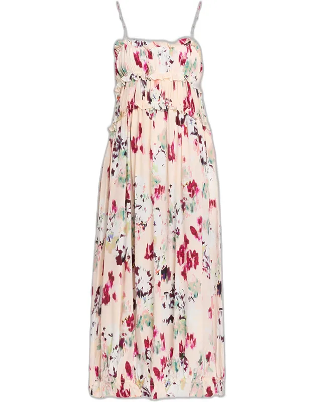Ruffled Floral Silk A-line Midi Dress