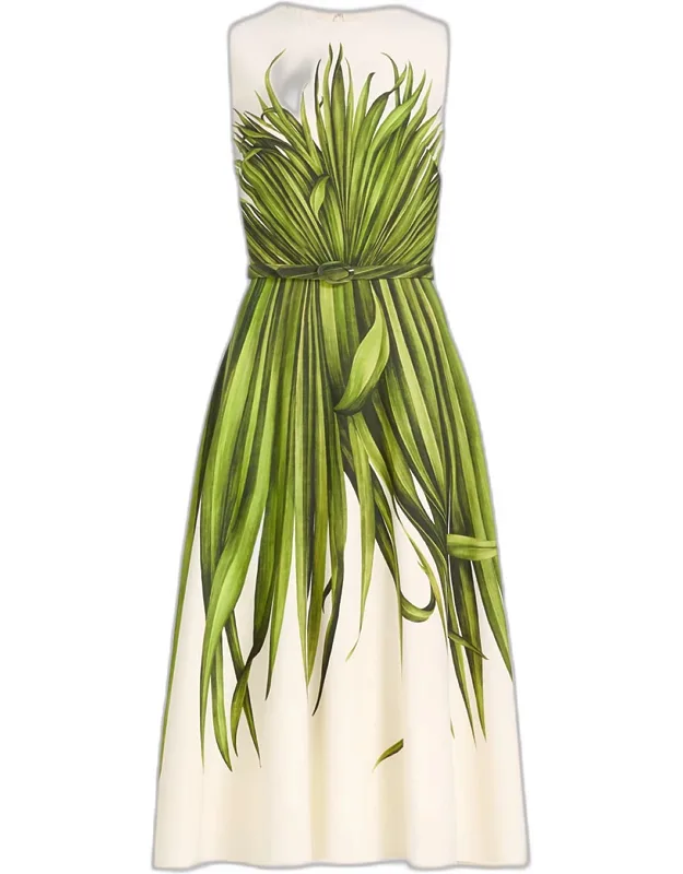Belted Palm Leaf-print Midi Dress
