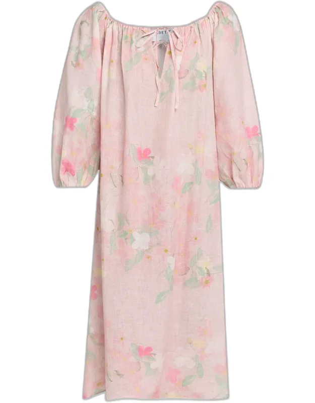 Floral Linen Long-sleeve Midi Dress