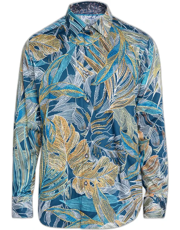 Chorro Embroidered Leaf Print Shirt