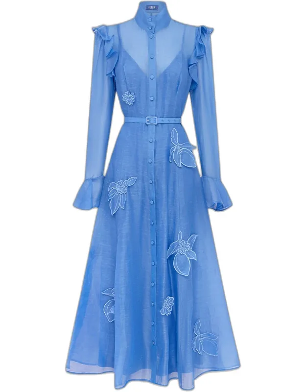 Katrina Applique Butterfly-sleeve Belted Midi Dress