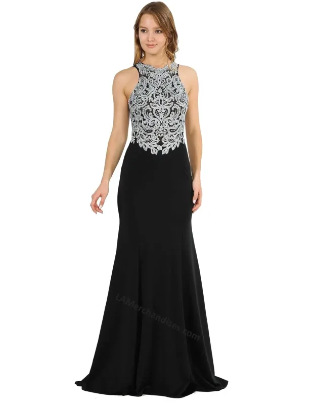 Halter Embroidered Lace Evening Dress