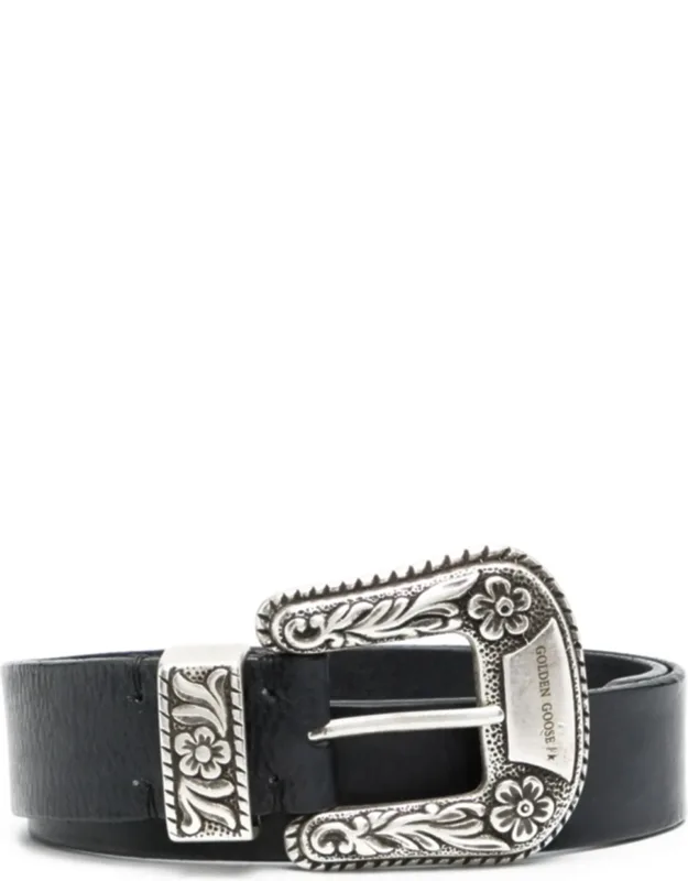 Leather Western-style Belt With Engraved Silver Buckle
