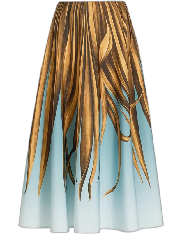 Palm Print A-line Midi Skirt