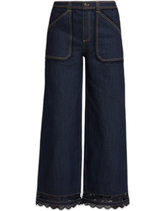 Scalloped Lace-trimmed Wide-leg Jeans