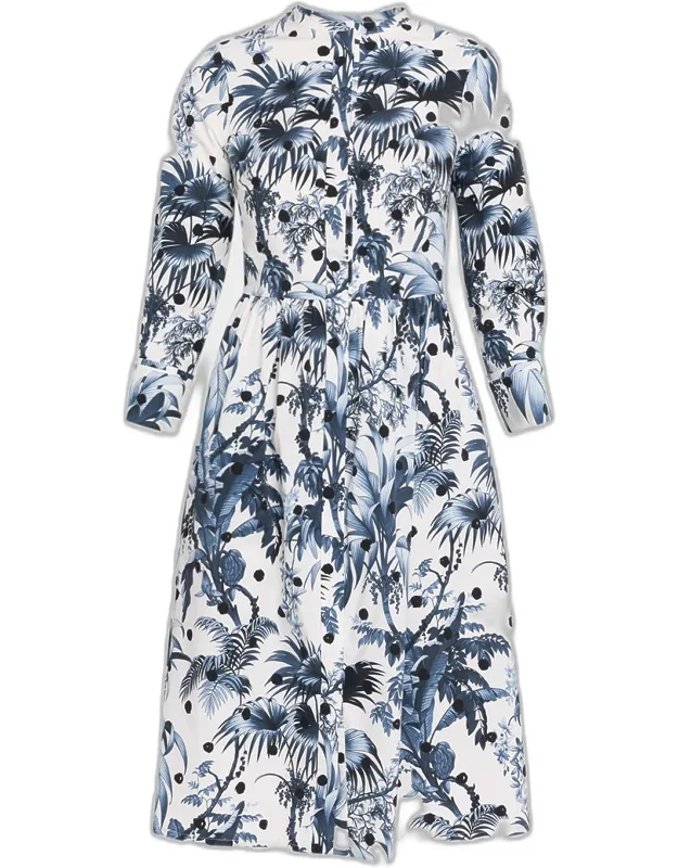 Dotted Palm Print Poplin Midi Shirtdress