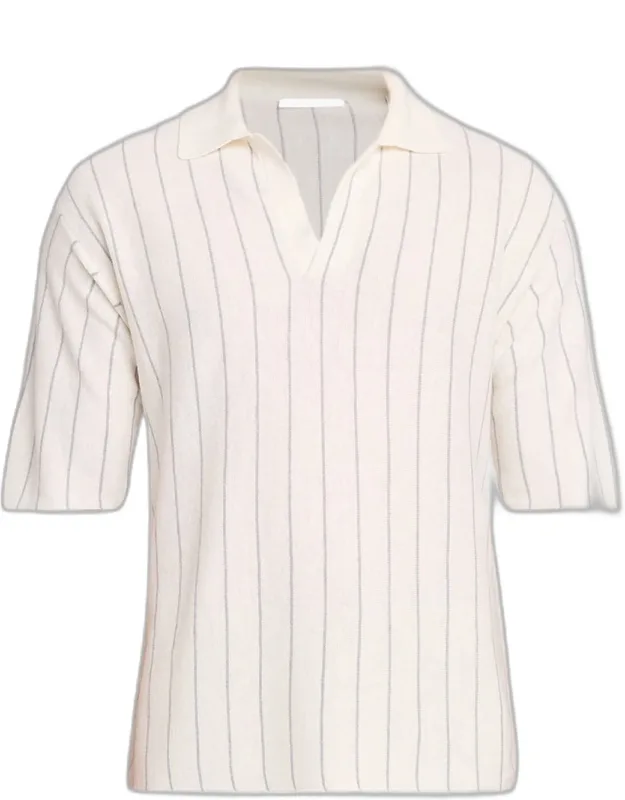 Linen And Cotton Stripe Johnny Collar Polo Shirt