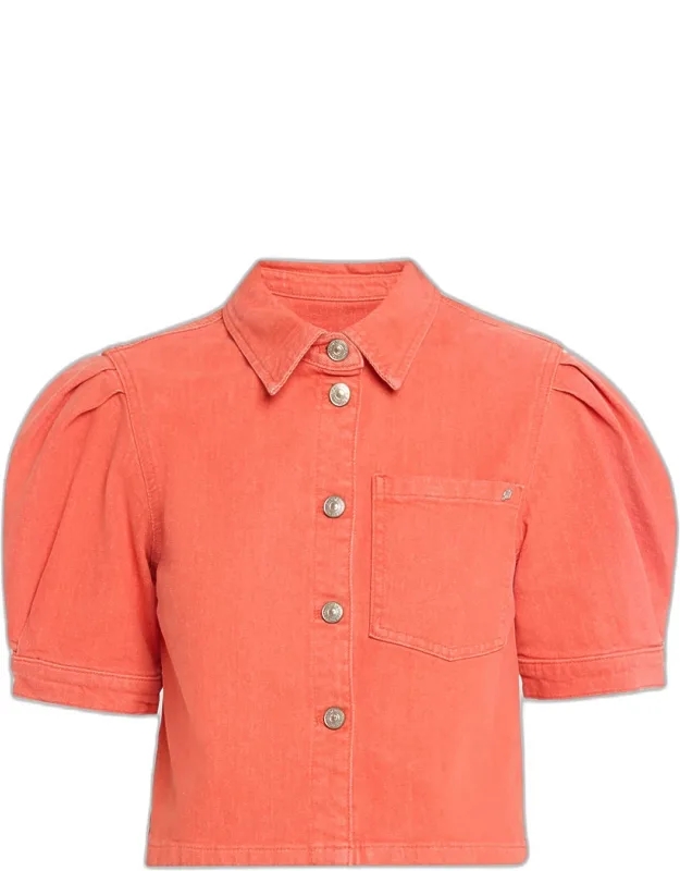 Puff-sleeve Stretch-cotton Denim Crop Shirt